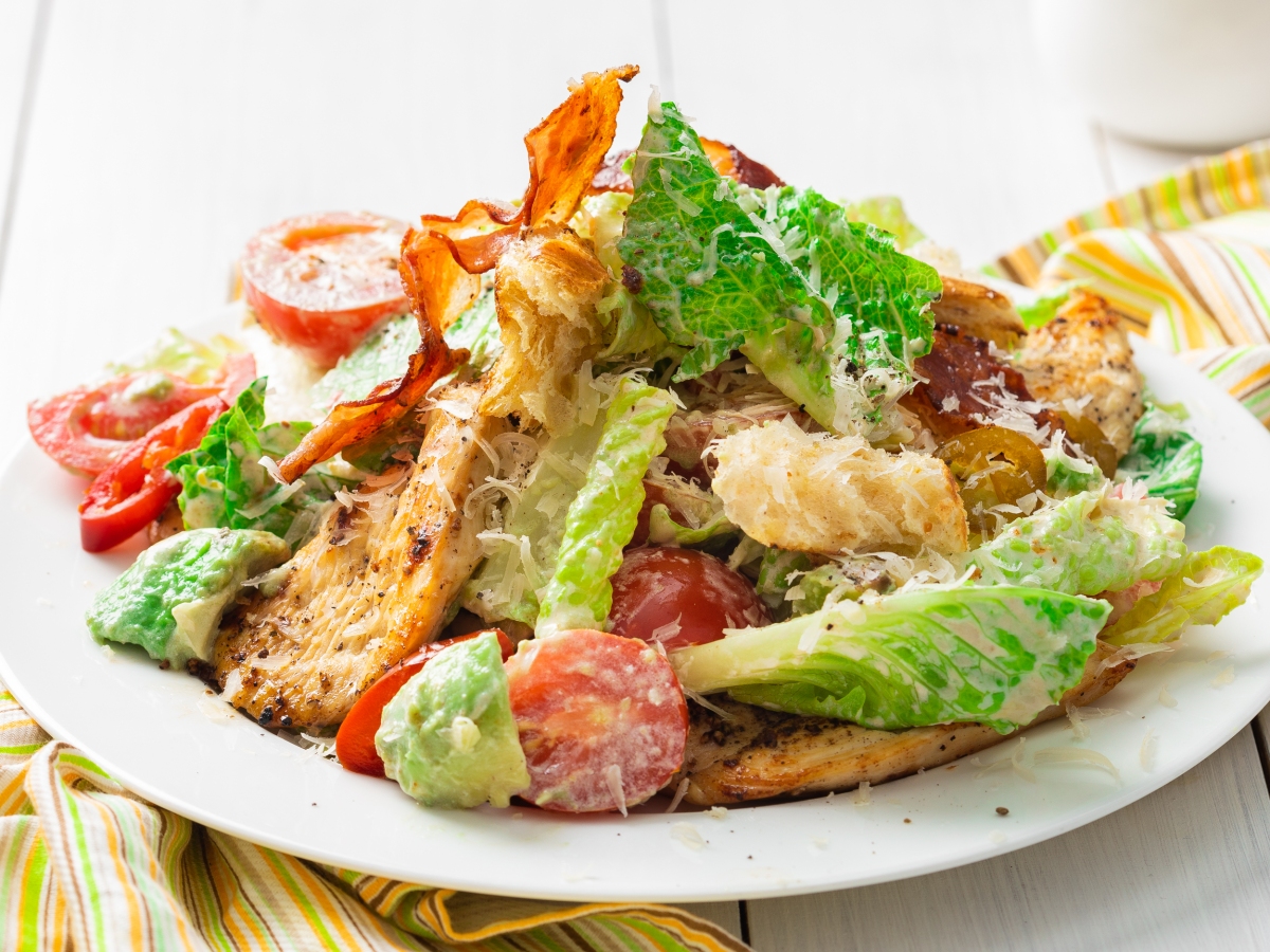 SPICY CAESAR SALAD WITH CHICKEN, AVOCADO, AND PERFECT DRESSING